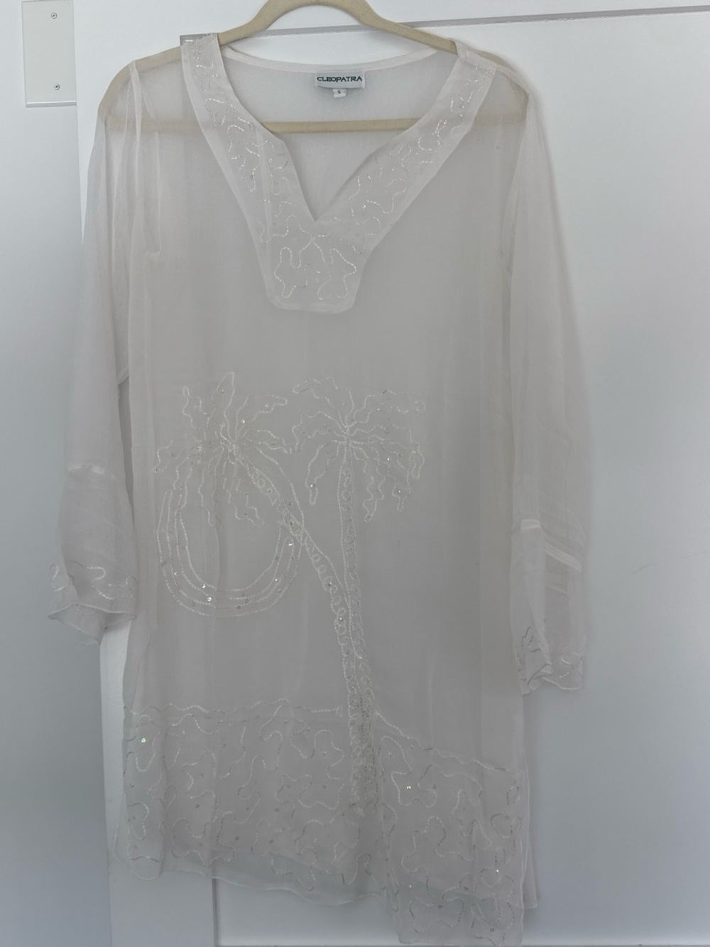 Cleopatra White Sheer Sequin Palm-Embroidered Swim Coverup